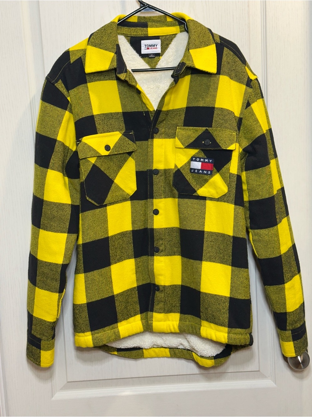 Tommy Jeans Yellow & Black Plaid Sherpa-Lined Flannel Shirt Jacket in Size Smal